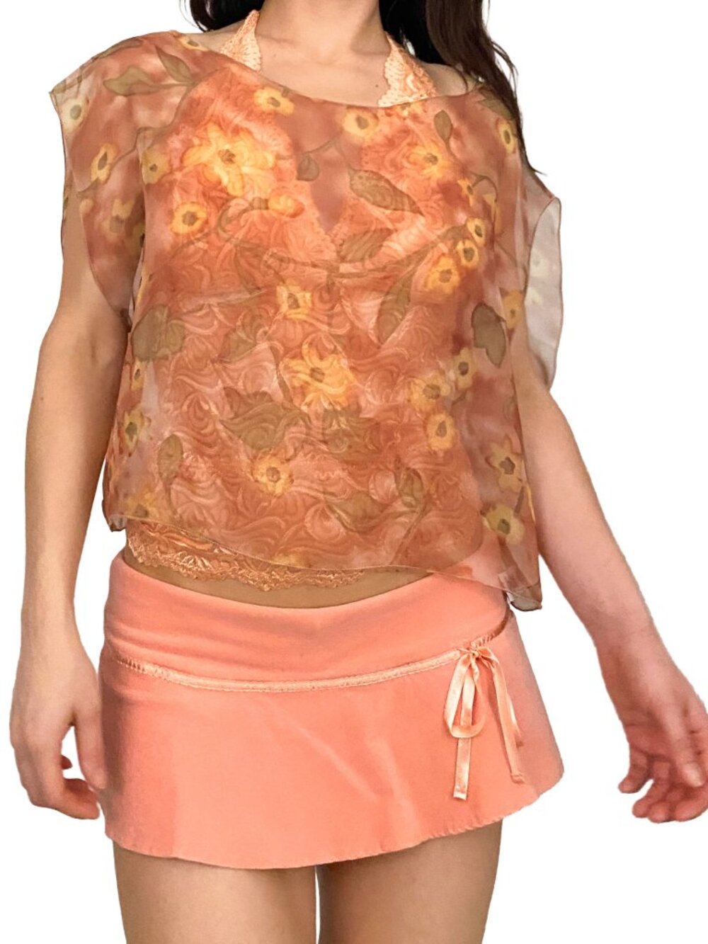 sheer tan floral daisy poncho style top